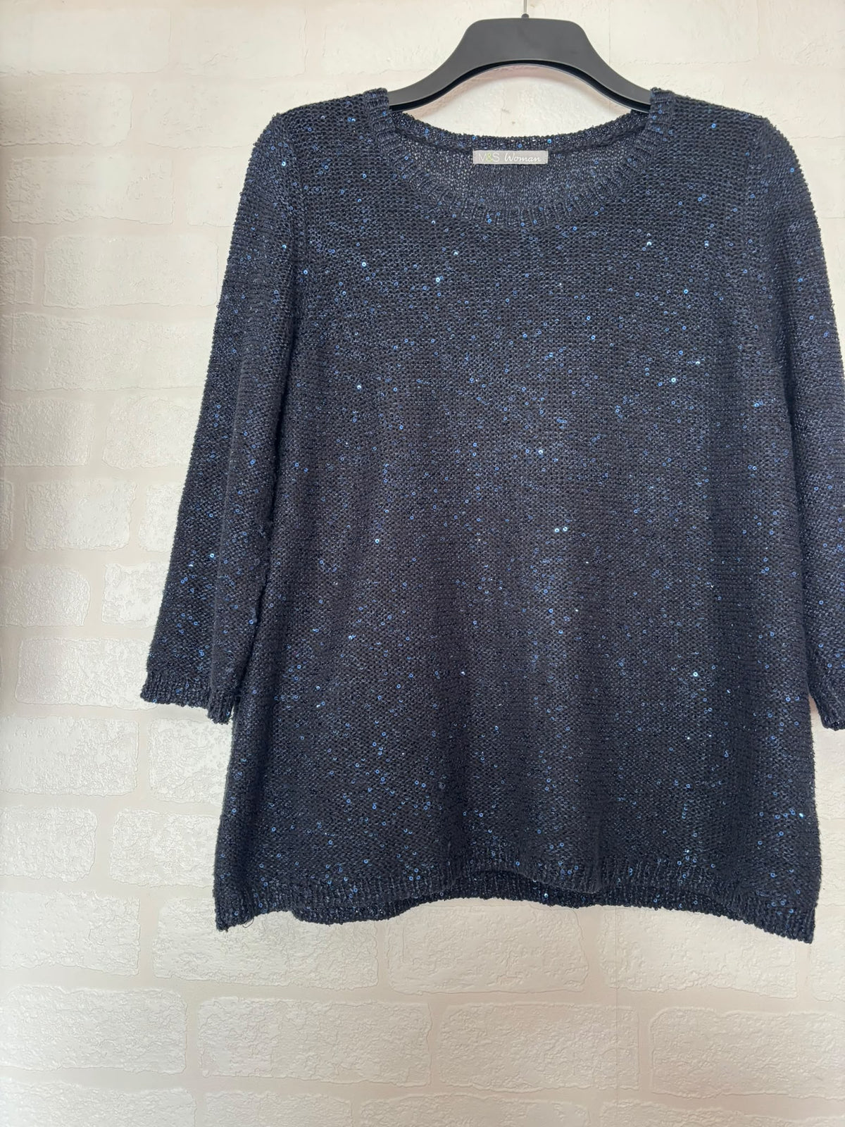 Women's Jumper M&S Navy Blue Sequin Knit Round Neck 3/4 Sleeve Plus Size 18