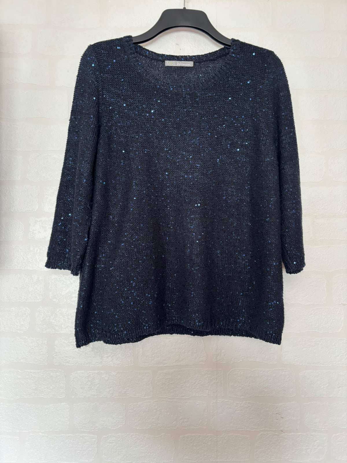 Women's Jumper M&S Navy Blue Sequin Knit Round Neck 3/4 Sleeve Plus Size 18