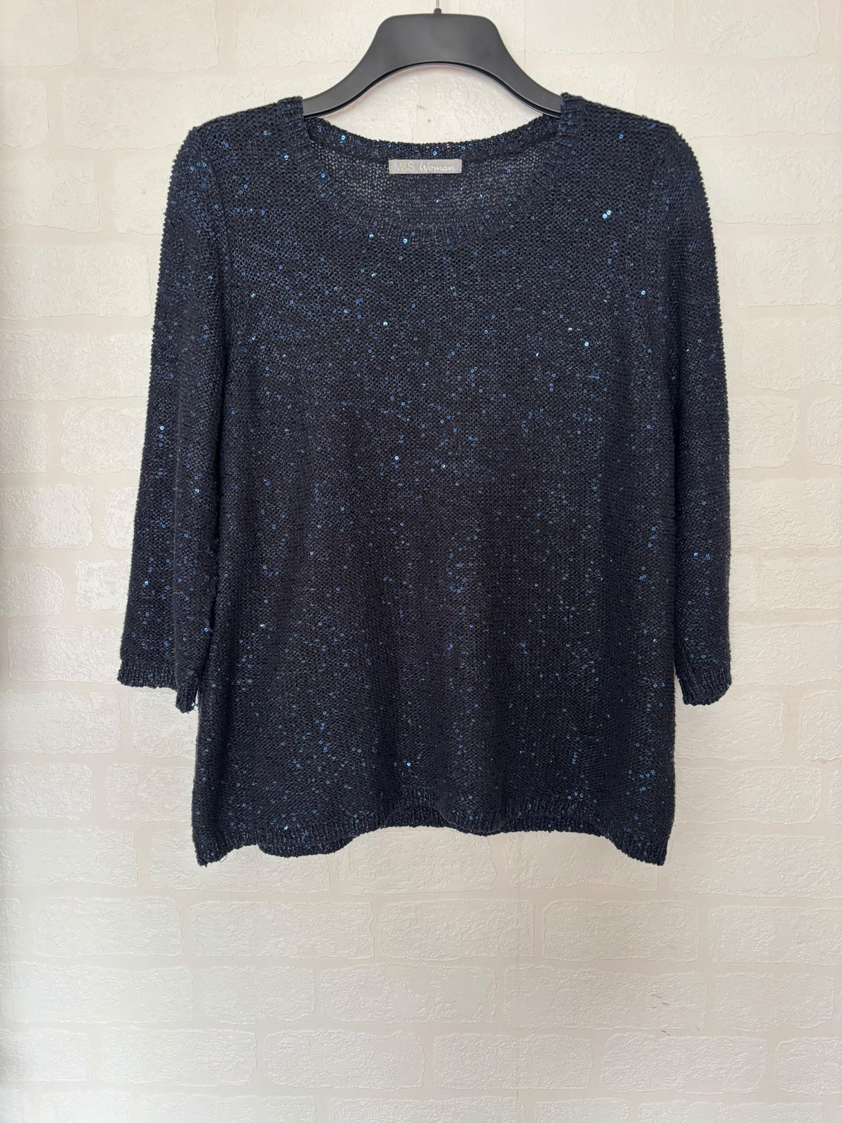 Women's Jumper M&S Navy Blue Sequin Knit Round Neck 3/4 Sleeve Plus Size 18