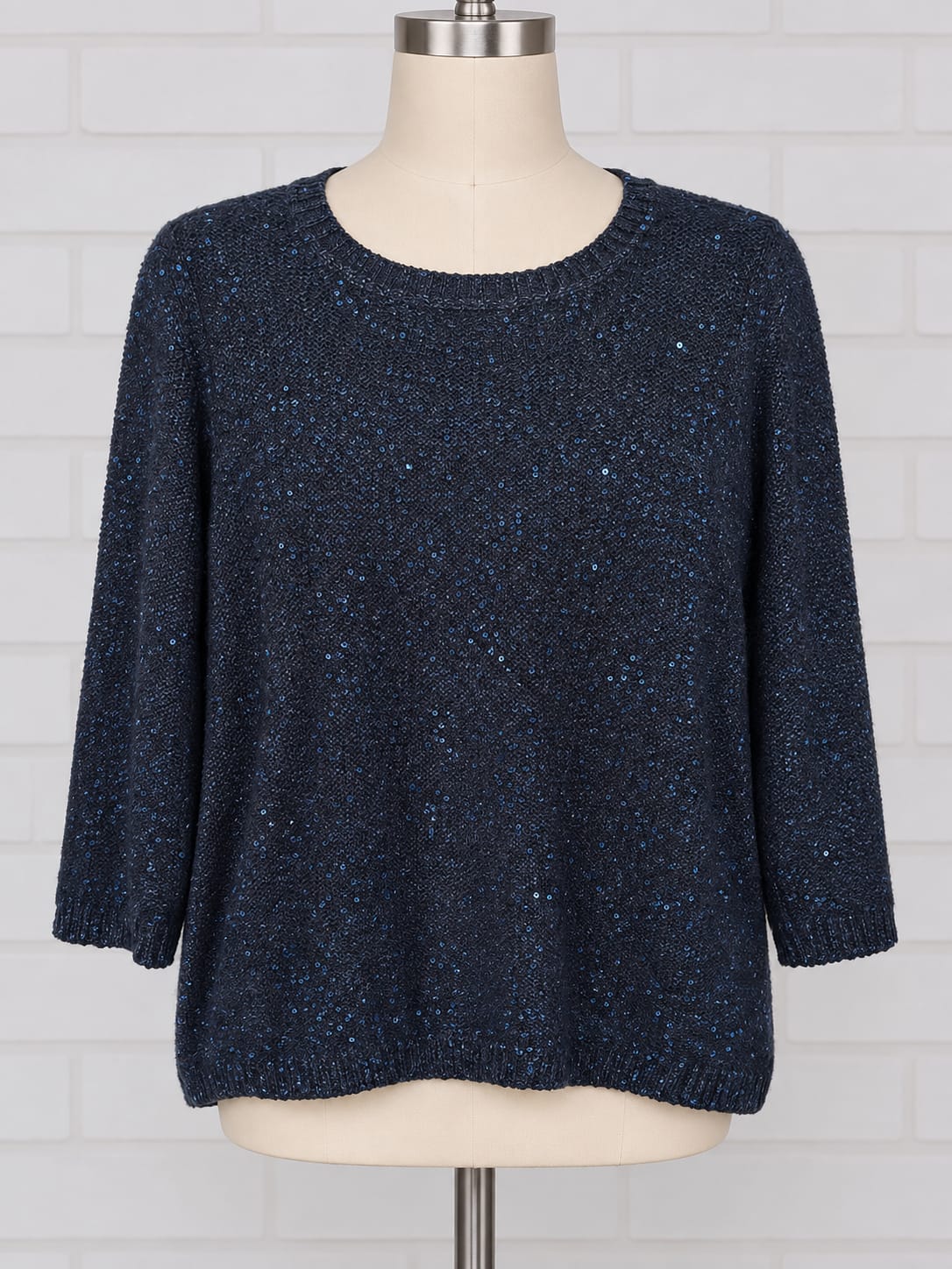 Women's Jumper M&S Navy Blue Sequin Knit Round Neck 3/4 Sleeve Plus Size 18