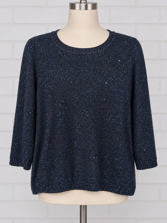 Women's Jumper M&S Navy Blue Sequin Knit Round Neck 3/4 Sleeve Plus Size 18