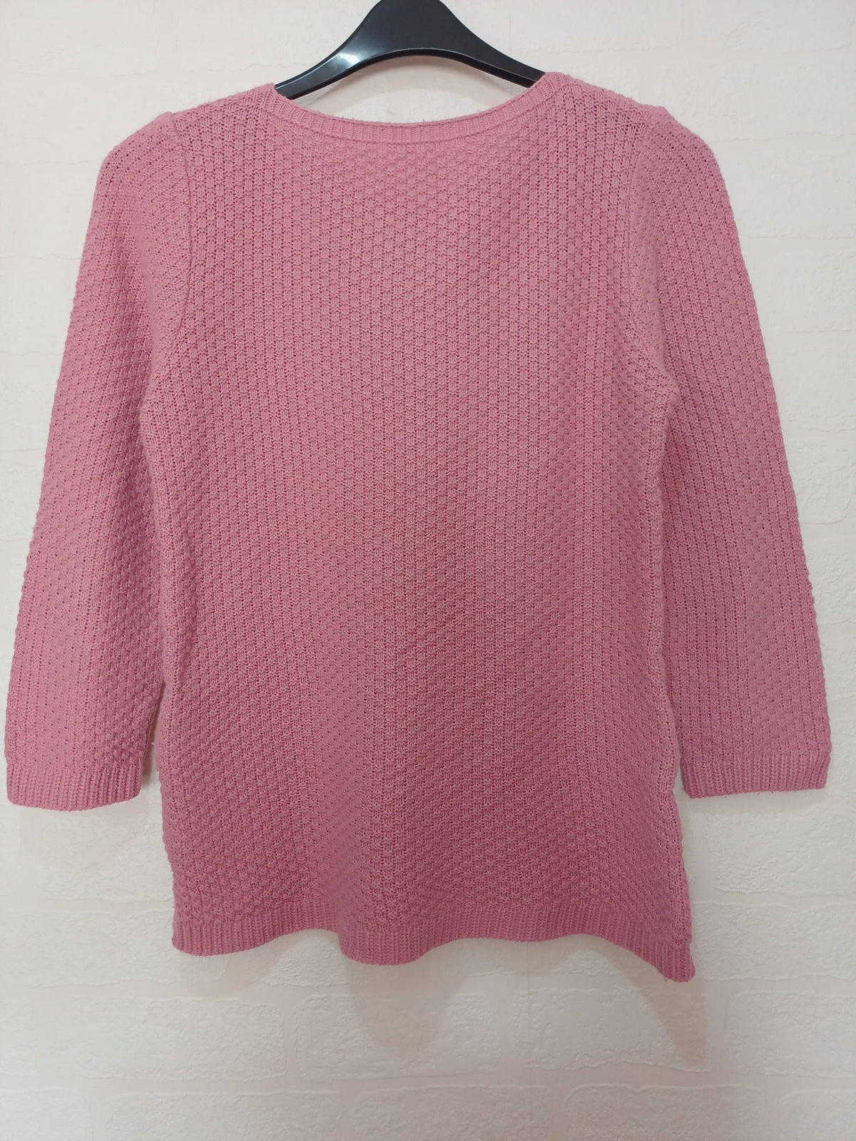 Women's Pink Chevron Knit Jumper 3/4 Sleeve Crew Neck Size UK 10 (No Size Label) Very Good Condition