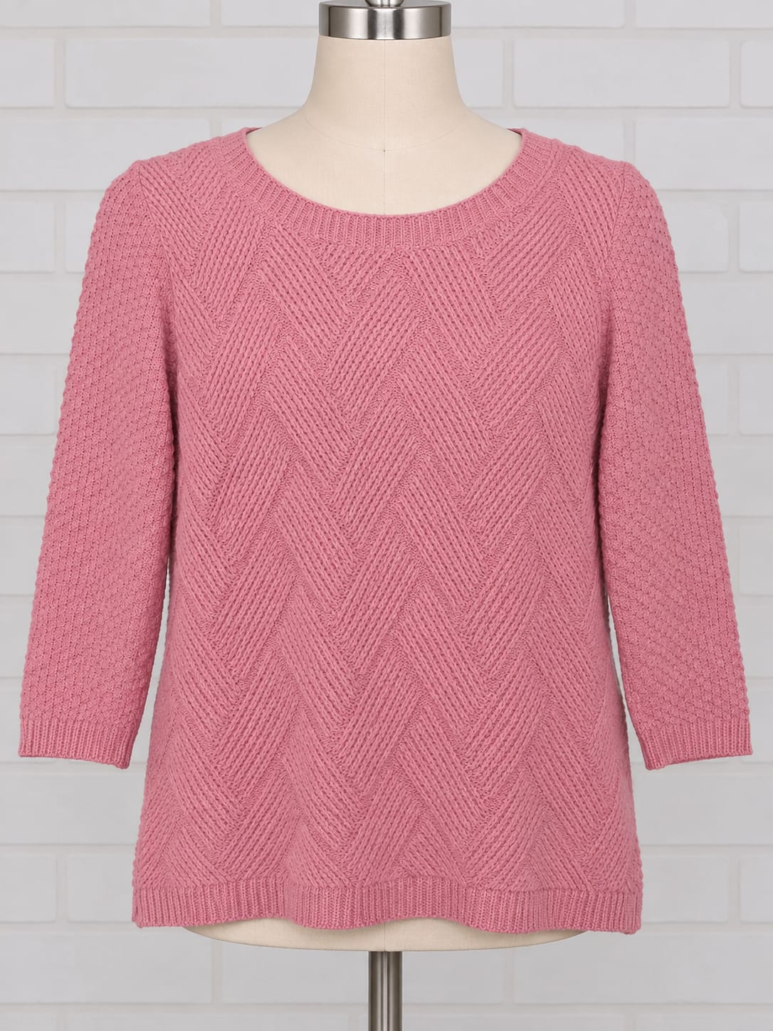 Women's Pink Chevron Knit Jumper 3/4 Sleeve Crew Neck Size UK 10 (No Size Label) Very Good Condition