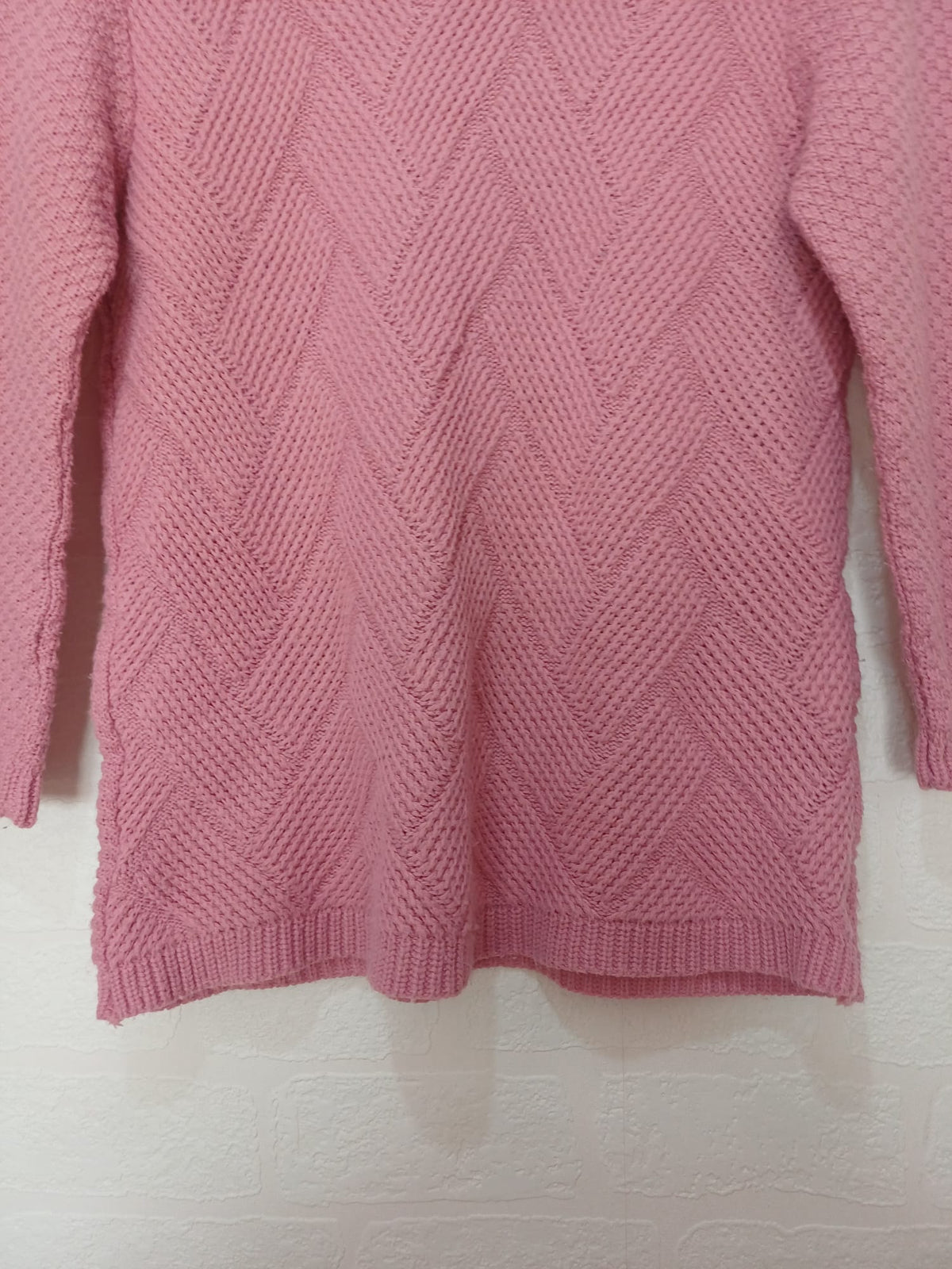 Women's Pink Chevron Knit Jumper 3/4 Sleeve Crew Neck Size UK 10 (No Size Label) Very Good Condition