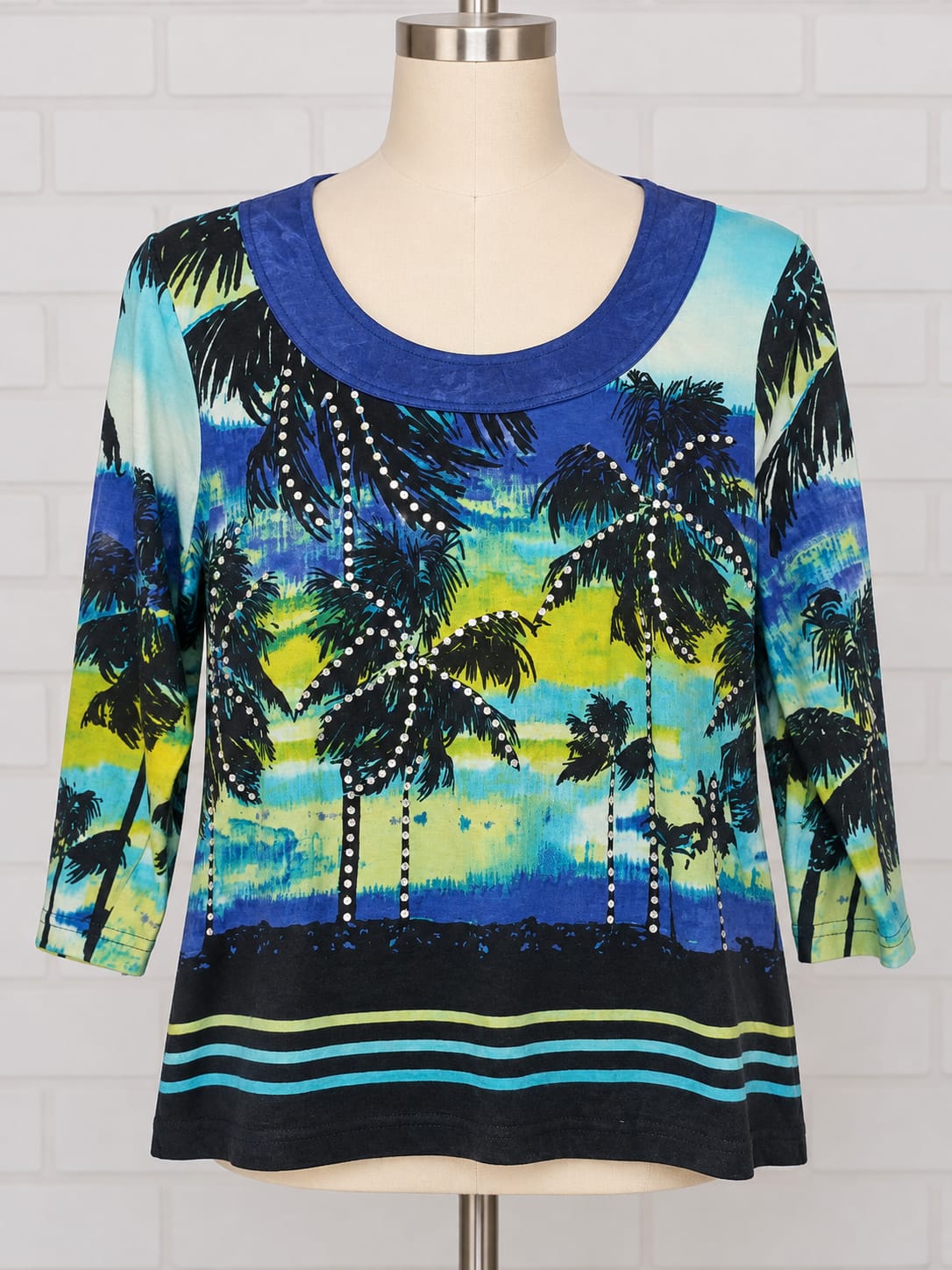 Women's Top Artscapes Blue/Turquoise/Lime/Black Tropical Palm Tree Rhinestone Embellished 3/4 Sleeve Size S Very Good