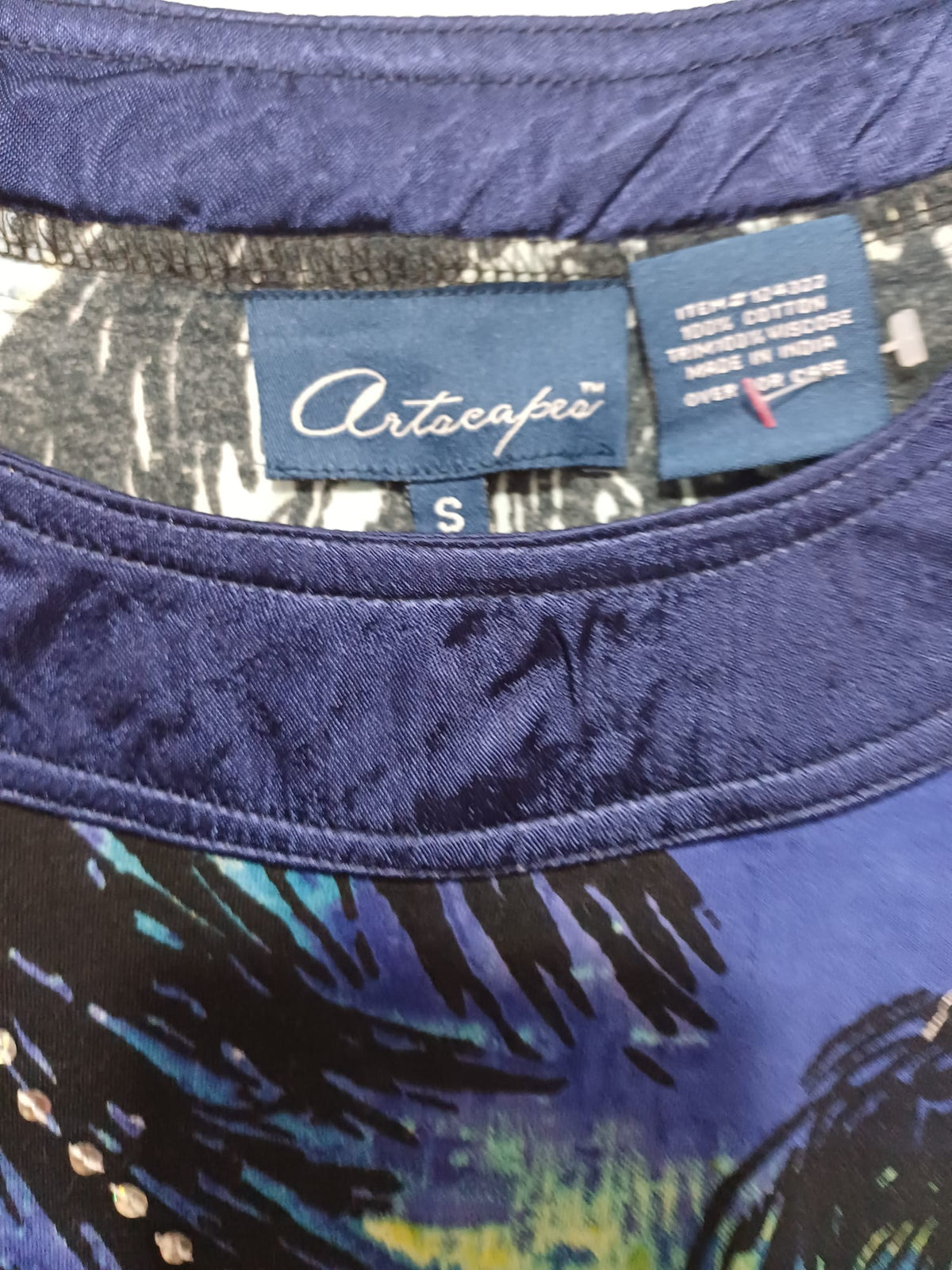 Women's Top Artscapes Blue/Turquoise/Lime/Black Tropical Palm Tree Rhinestone Embellished 3/4 Sleeve Size S Very Good