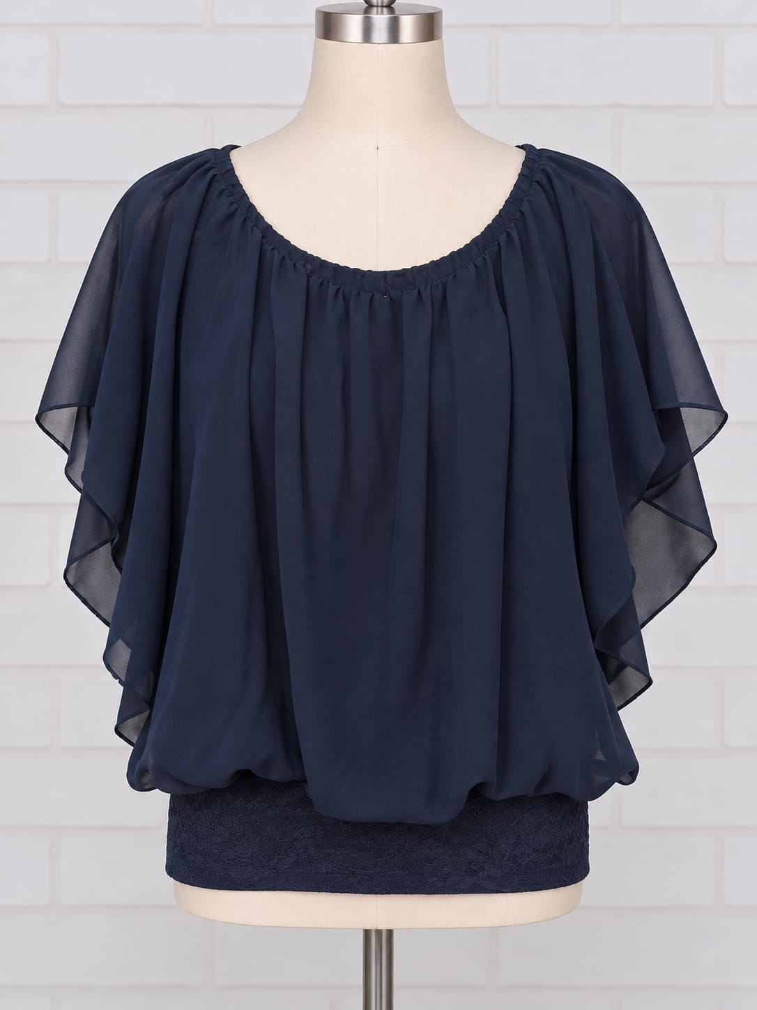 Women's Top D.E.C.K by Decollage Navy Chiffon Batwing Blouse Flutter Sleeve Size S / UK 8-10 Tag Missing