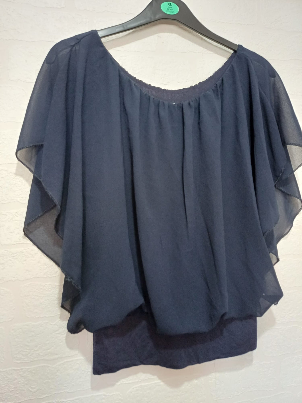 Women's Top D.E.C.K by Decollage Navy Chiffon Batwing Blouse Flutter Sleeve Size S / UK 8-10 Tag Missing