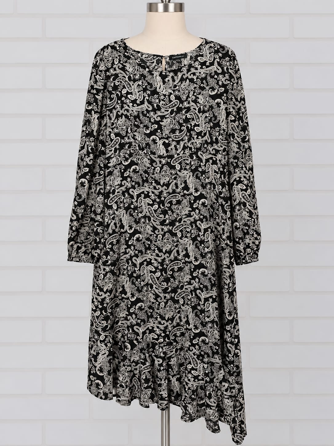Women's Dress Blue Vanilla Black/White Paisley Long Sleeve Asymmetric Midi Size UK 16