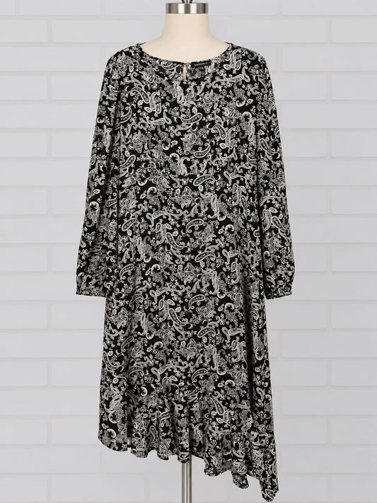 Women's Dress Blue Vanilla Black/White Paisley Long Sleeve Asymmetric Midi Size UK 16