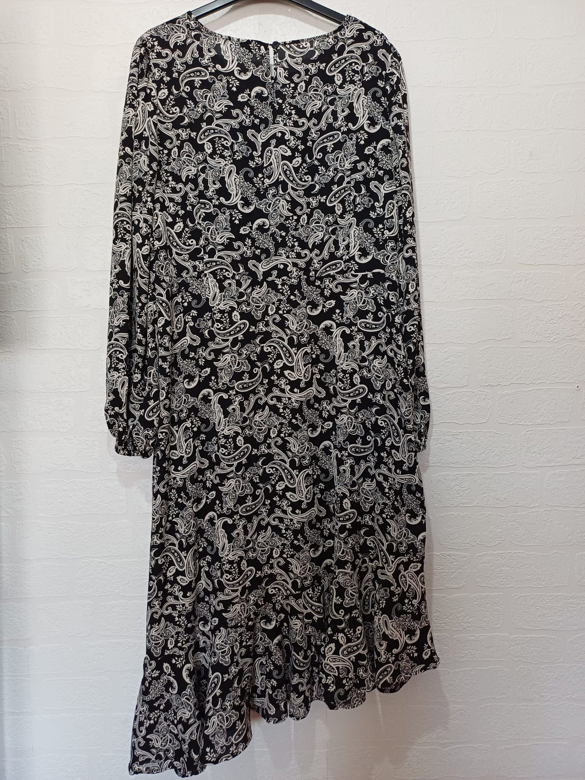 Women's Dress Blue Vanilla Black/White Paisley Long Sleeve Asymmetric Midi Size UK 16