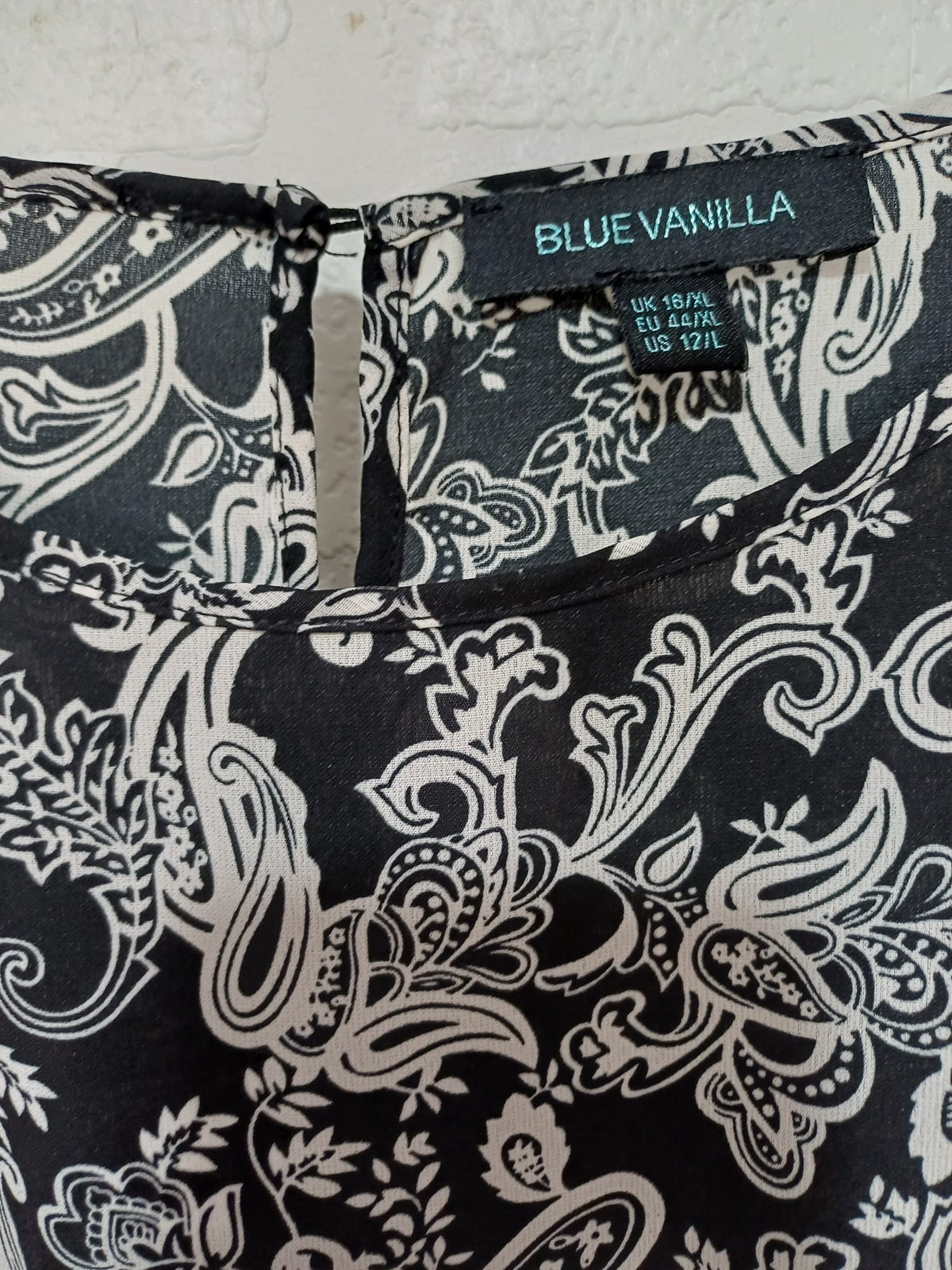 Women's Dress Blue Vanilla Black/White Paisley Long Sleeve Asymmetric Midi Size UK 16