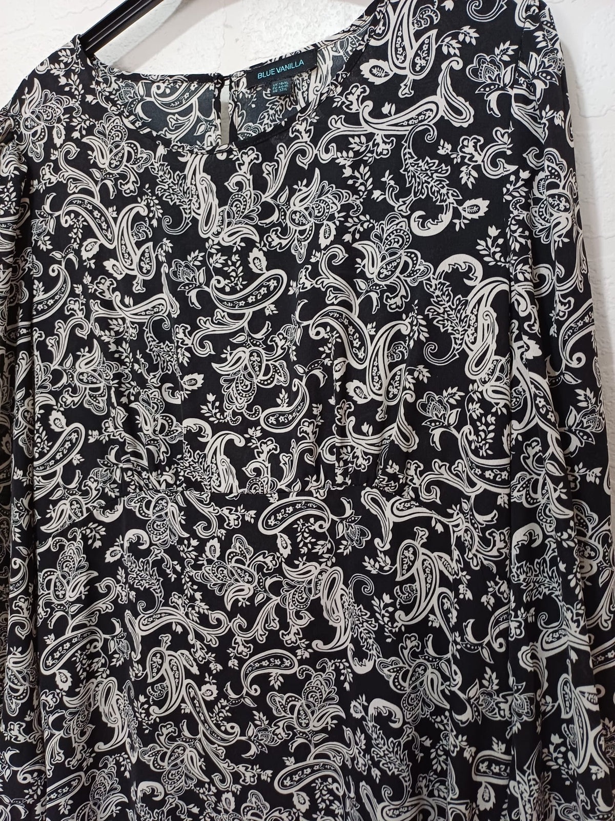 Women's Dress Blue Vanilla Black/White Paisley Long Sleeve Asymmetric Midi Size UK 16
