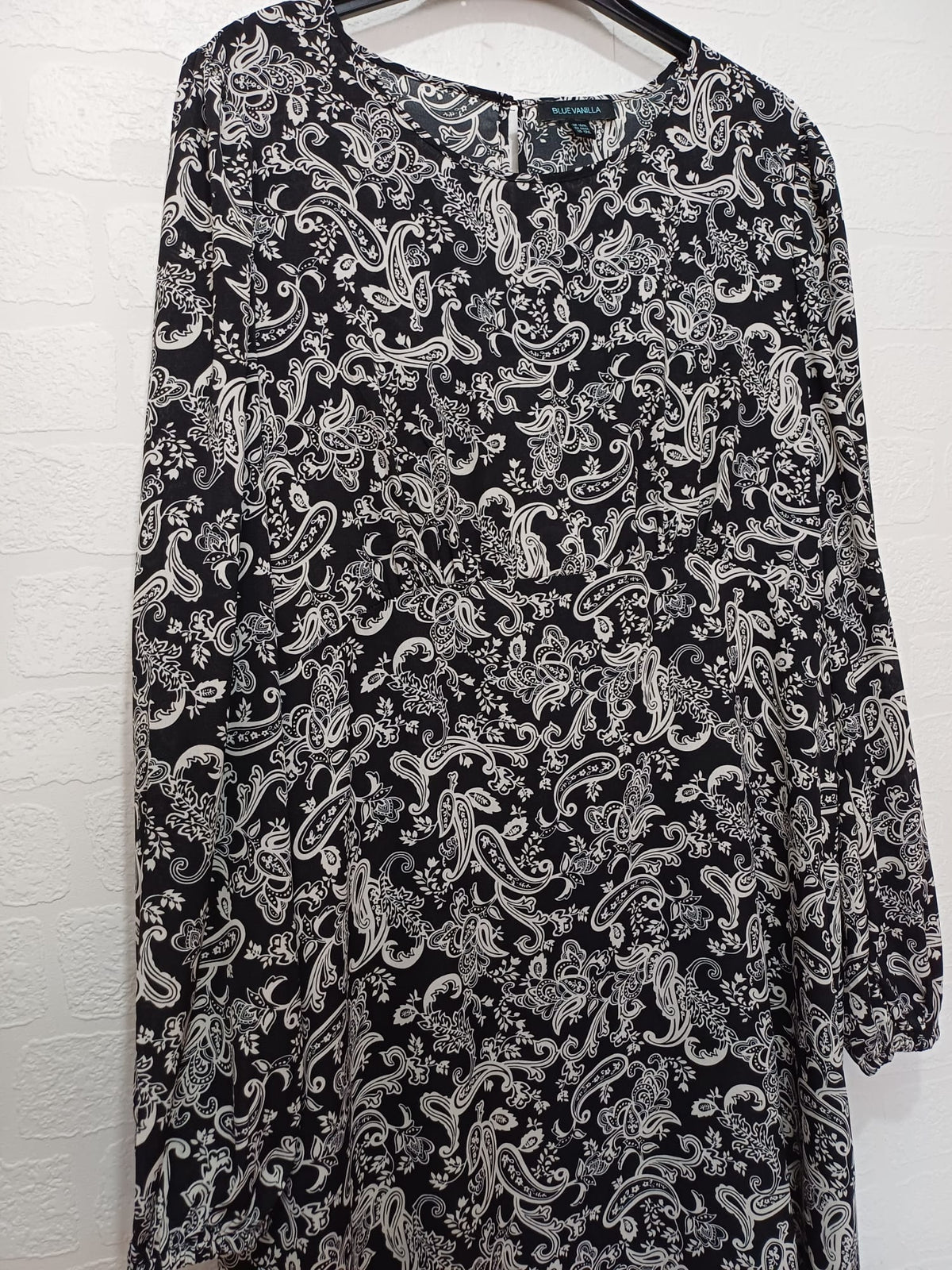 Women's Dress Blue Vanilla Black/White Paisley Long Sleeve Asymmetric Midi Size UK 16
