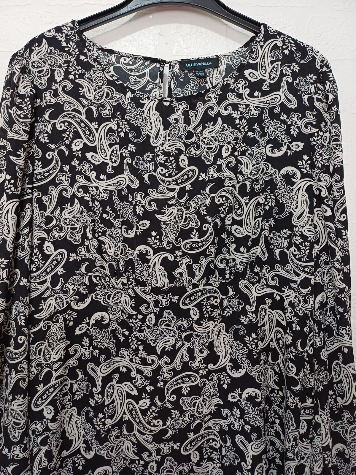 Women's Dress Blue Vanilla Black/White Paisley Long Sleeve Asymmetric Midi Size UK 16