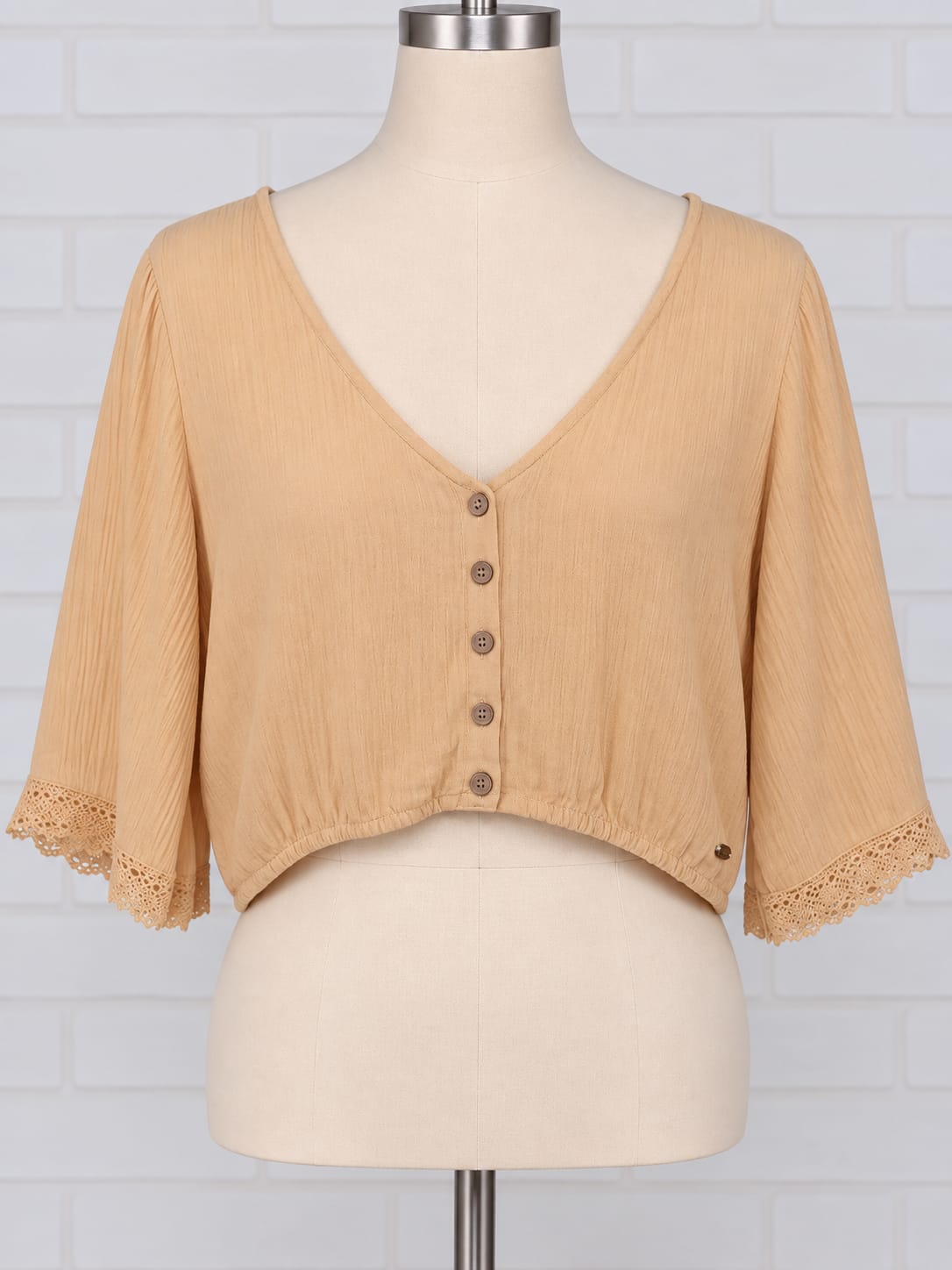 Women's Top Pull&Bear Beige Cropped Button Blouse Lace-Trim 3/4 Sleeve Size XS