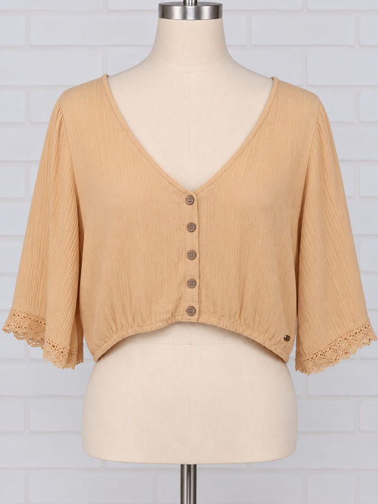 Women's Top Pull&Bear Beige Cropped Button Blouse Lace-Trim 3/4 Sleeve Size XS