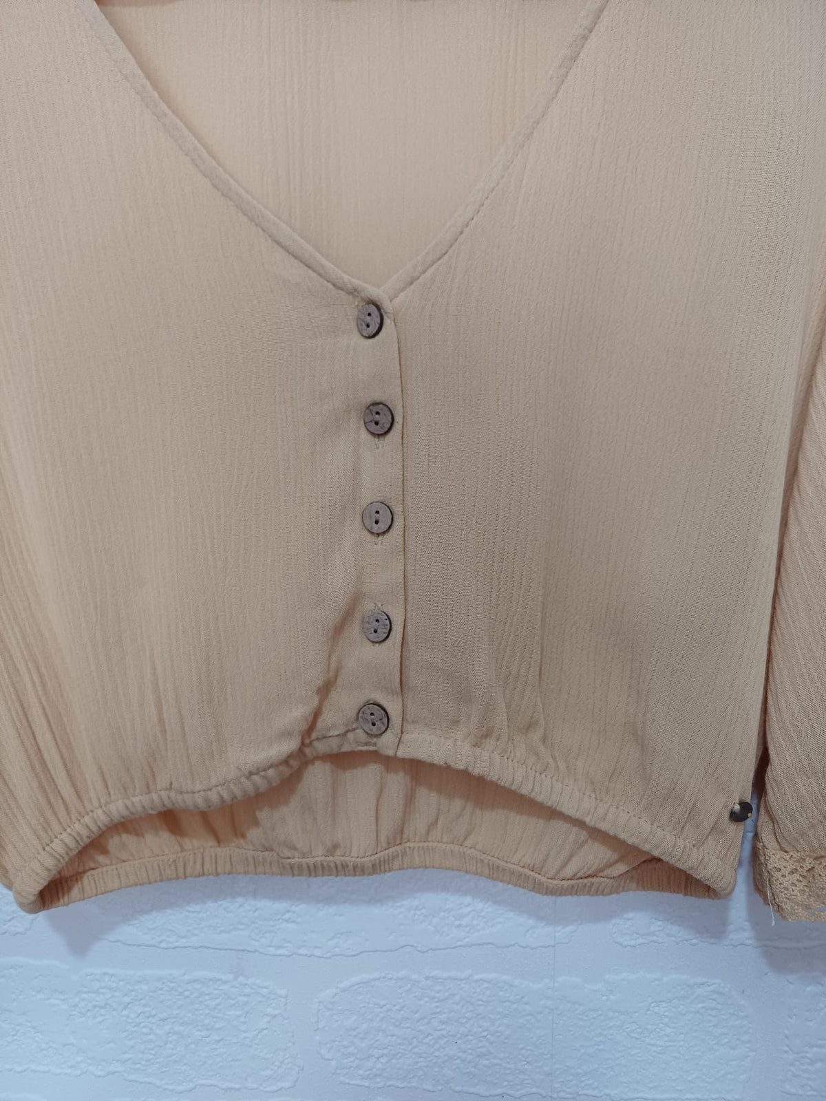 Women's Top Pull&Bear Beige Cropped Button Blouse Lace-Trim 3/4 Sleeve Size XS