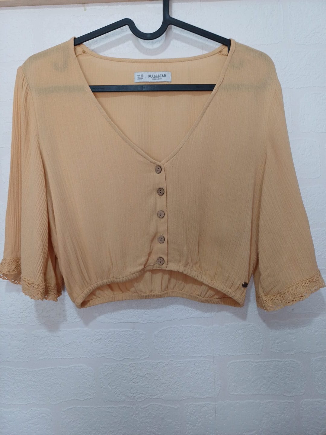 Women's Top Pull&Bear Beige Cropped Button Blouse Lace-Trim 3/4 Sleeve Size XS