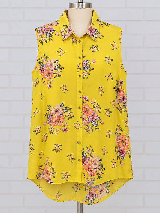 Women's Top George Yellow Floral Sleeveless Longline Dipped Hem Size UK 12 Brand New With Tags
