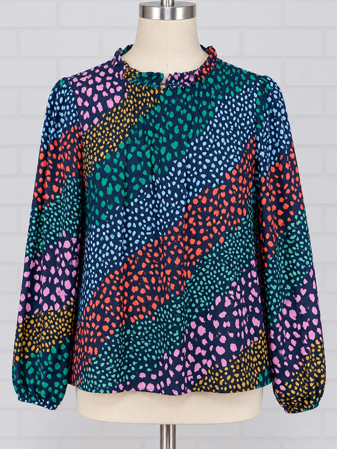 Women's Blouse Sugarhill Brighton Navy Multicolour Spot Print Frill Neck Long Sleeve Size UK 8 Very Good