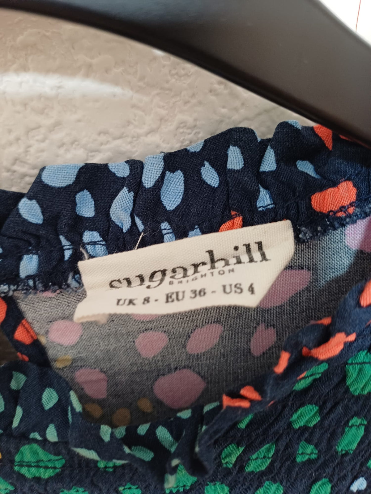 Women's Blouse Sugarhill Brighton Navy Multicolour Spot Print Frill Neck Long Sleeve Size UK 8 Very Good