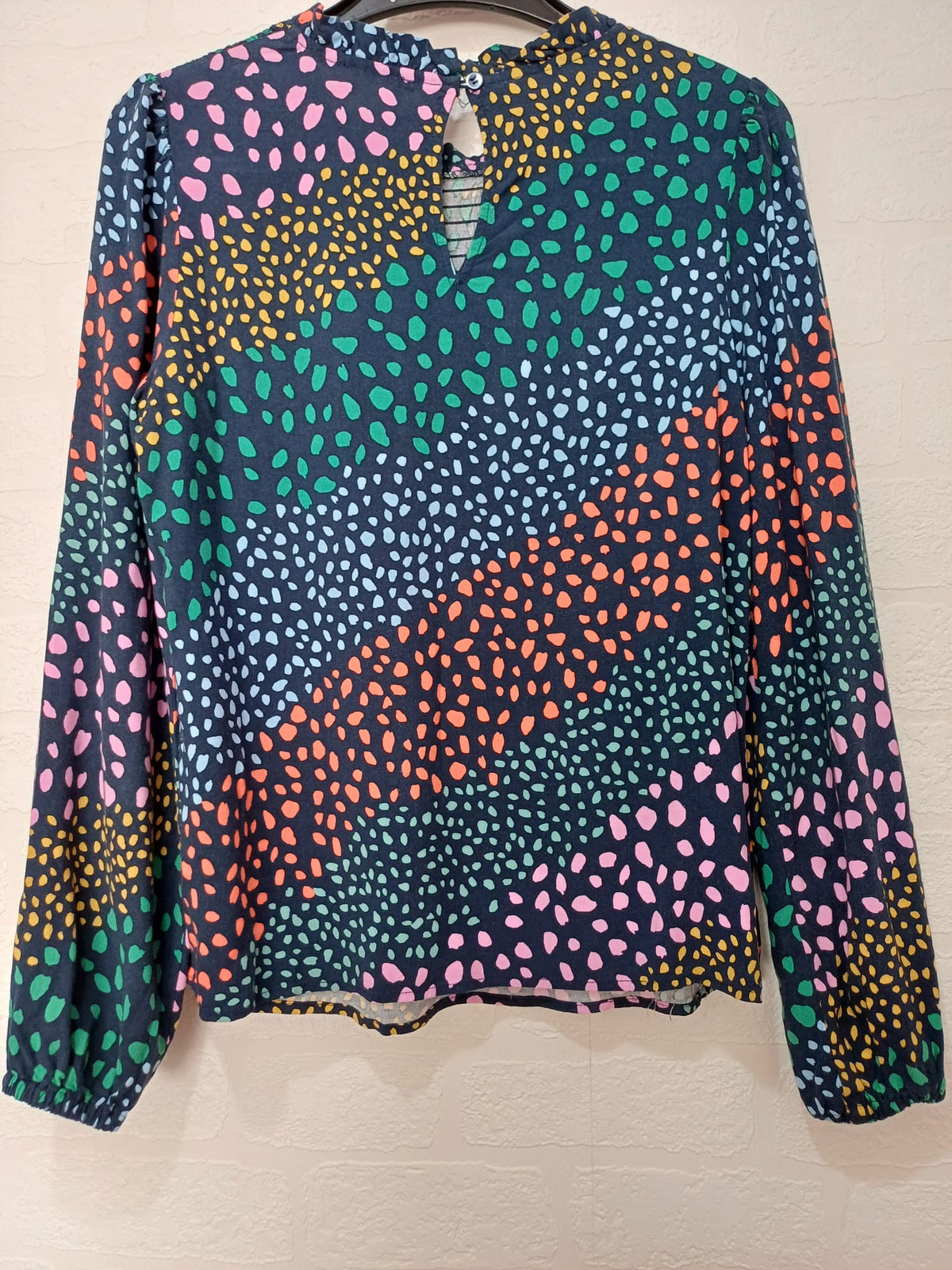 Women's Blouse Sugarhill Brighton Navy Multicolour Spot Print Frill Neck Long Sleeve Size UK 8 Very Good