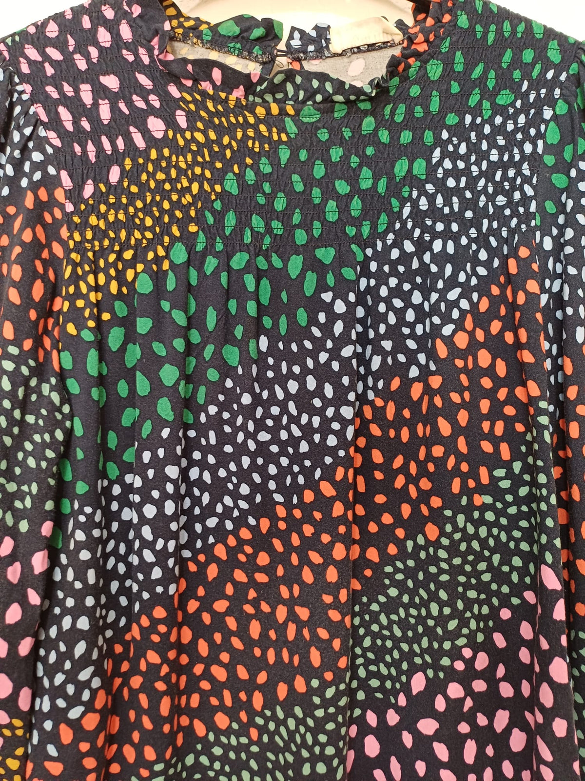 Women's Blouse Sugarhill Brighton Navy Multicolour Spot Print Frill Neck Long Sleeve Size UK 8 Very Good