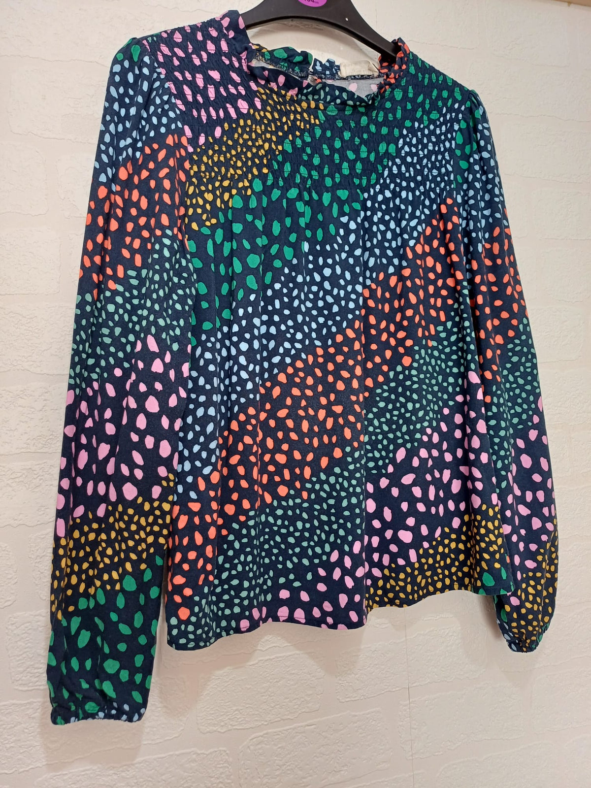 Women's Blouse Sugarhill Brighton Navy Multicolour Spot Print Frill Neck Long Sleeve Size UK 8 Very Good