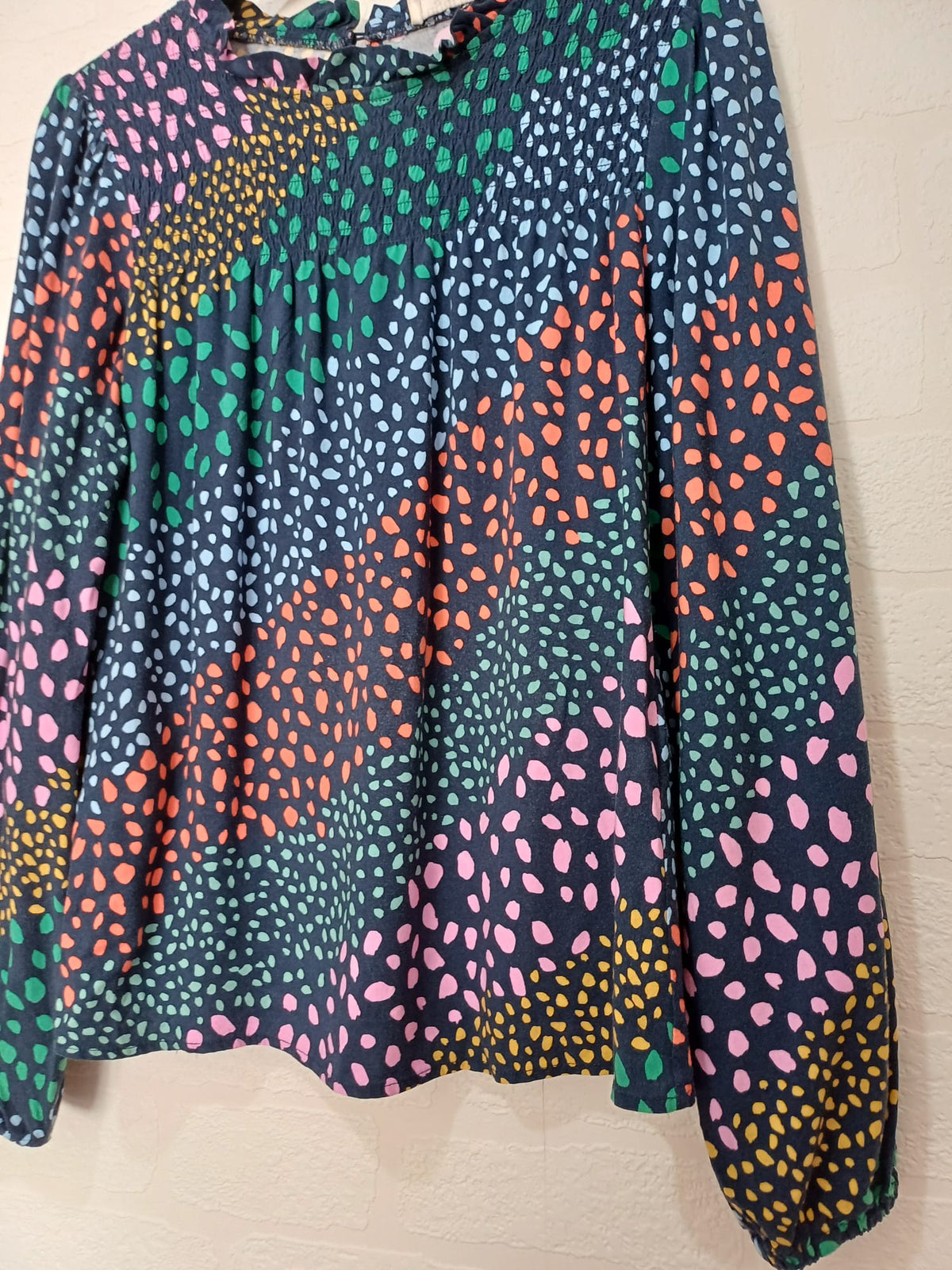Women's Blouse Sugarhill Brighton Navy Multicolour Spot Print Frill Neck Long Sleeve Size UK 8 Very Good
