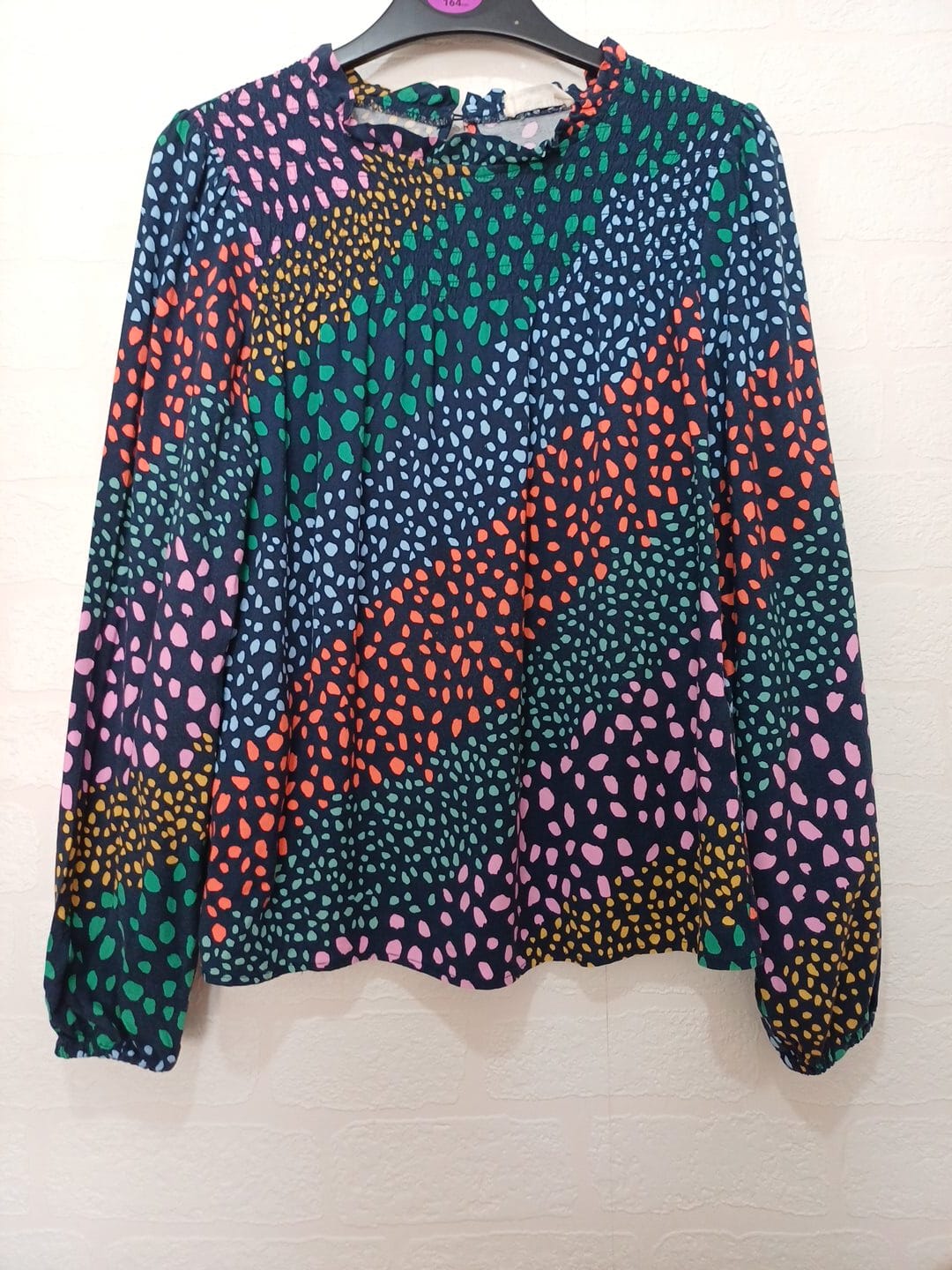 Women's Blouse Sugarhill Brighton Navy Multicolour Spot Print Frill Neck Long Sleeve Size UK 8 Very Good