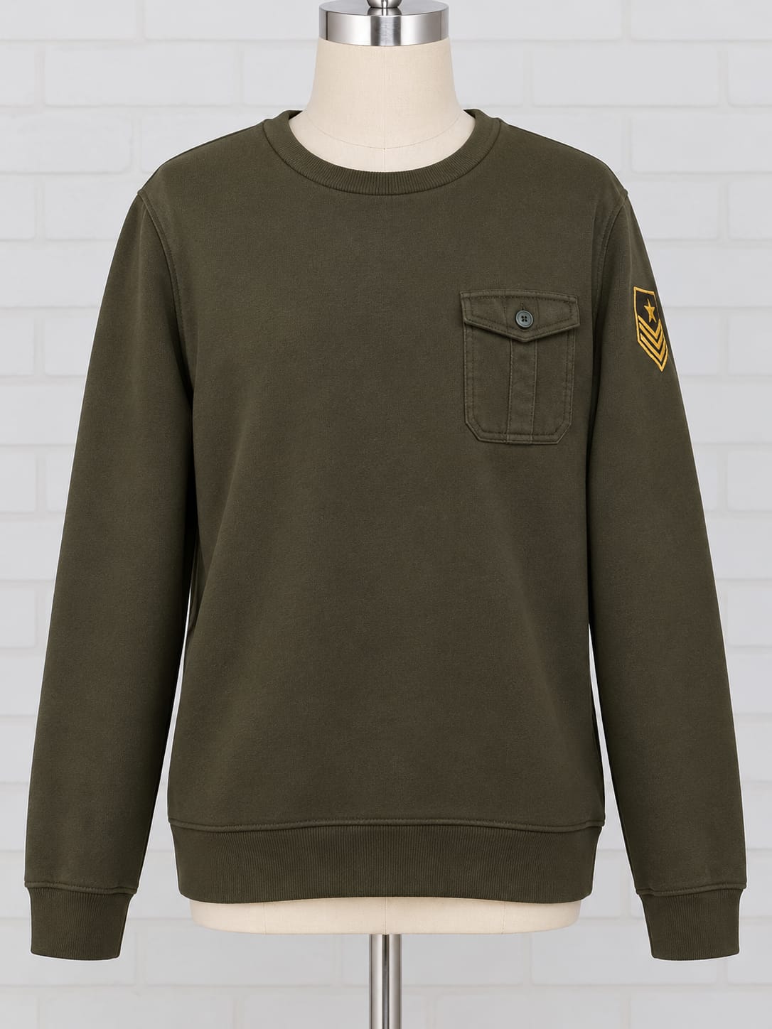 Men's Sweatshirt Pier One Khaki/Olive Green Military-Style Pocket Crew Neck Size M Good