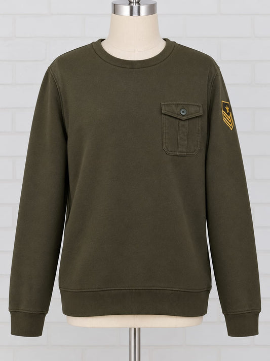 Men's Sweatshirt Pier One Khaki/Olive Green Military-Style Pocket Crew Neck Size M Good