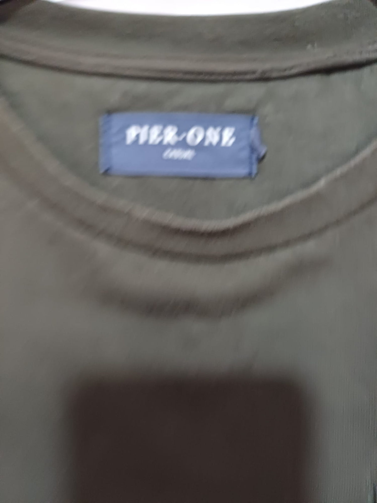 Men's Sweatshirt Pier One Khaki/Olive Green Military-Style Pocket Crew Neck Size M Good
