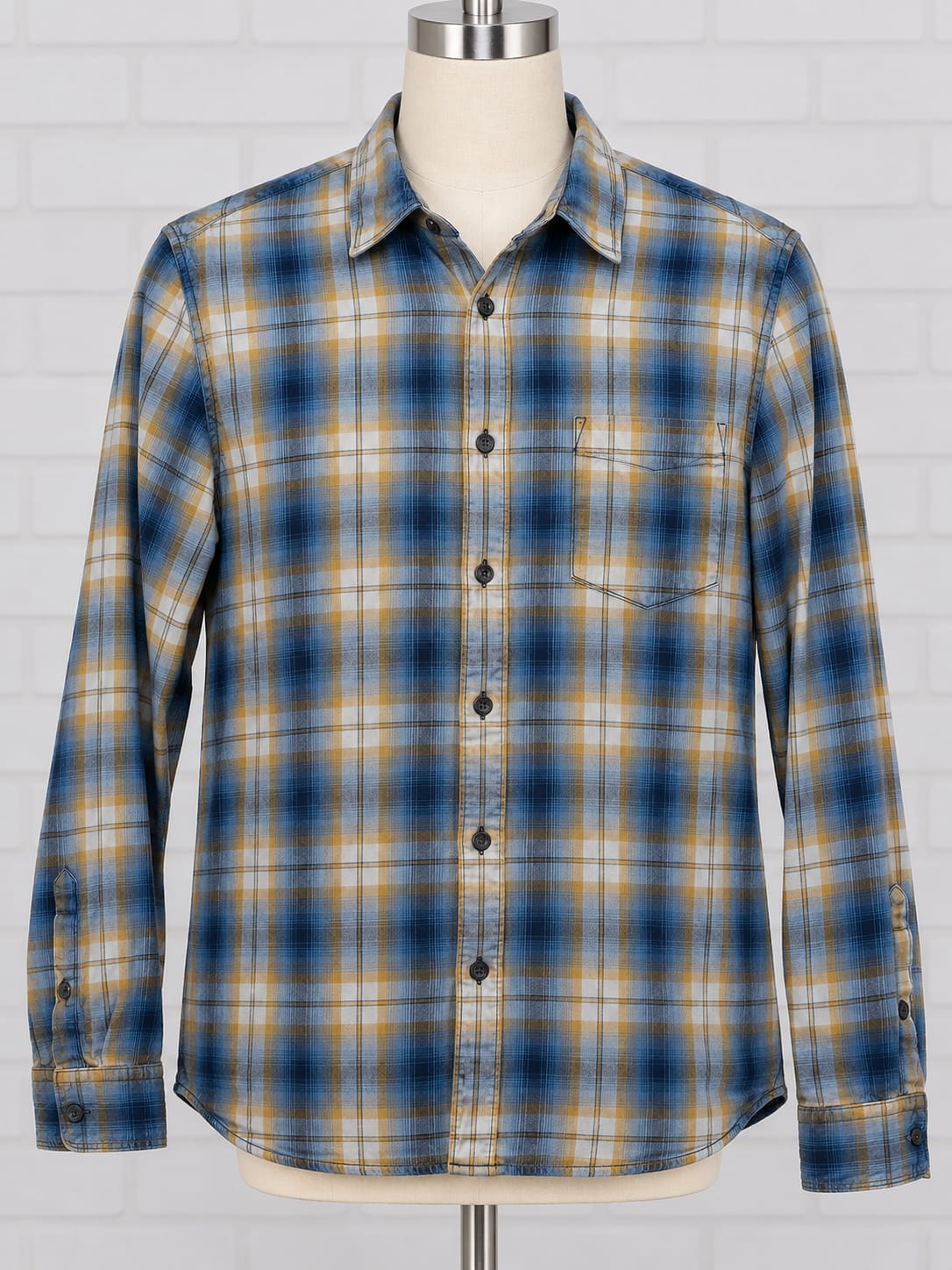 Men's Shirt French Connection Blue/Mustard/Cream Check Long Sleeve Chest Pocket Size L Very Good