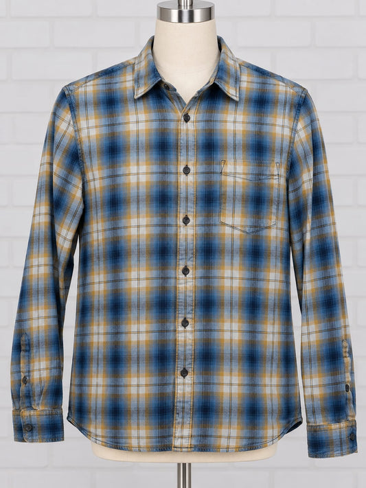 Men's Shirt French Connection Blue/Mustard/Cream Check Long Sleeve Chest Pocket Size L Very Good