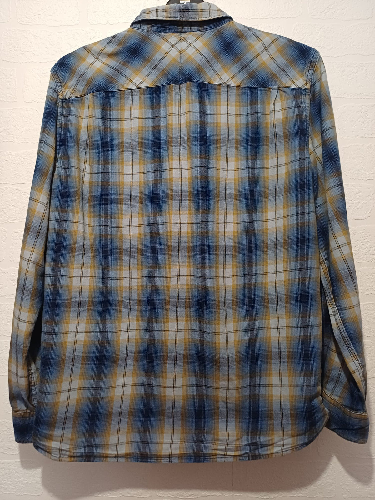 Men's Shirt French Connection Blue/Mustard/Cream Check Long Sleeve Chest Pocket Size L Very Good