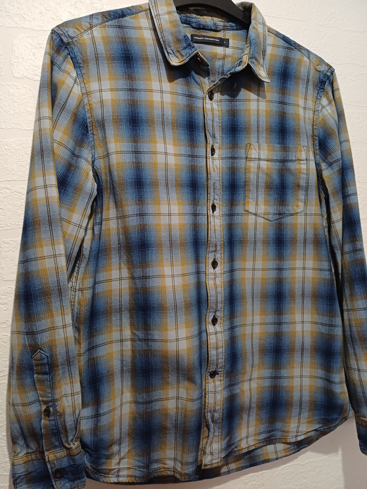 Men's Shirt French Connection Blue/Mustard/Cream Check Long Sleeve Chest Pocket Size L Very Good