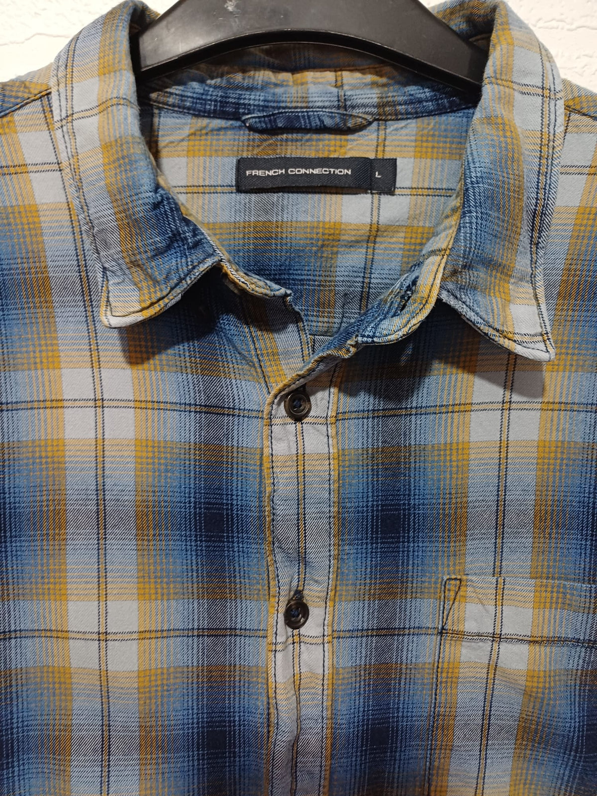 Men's Shirt French Connection Blue/Mustard/Cream Check Long Sleeve Chest Pocket Size L Very Good