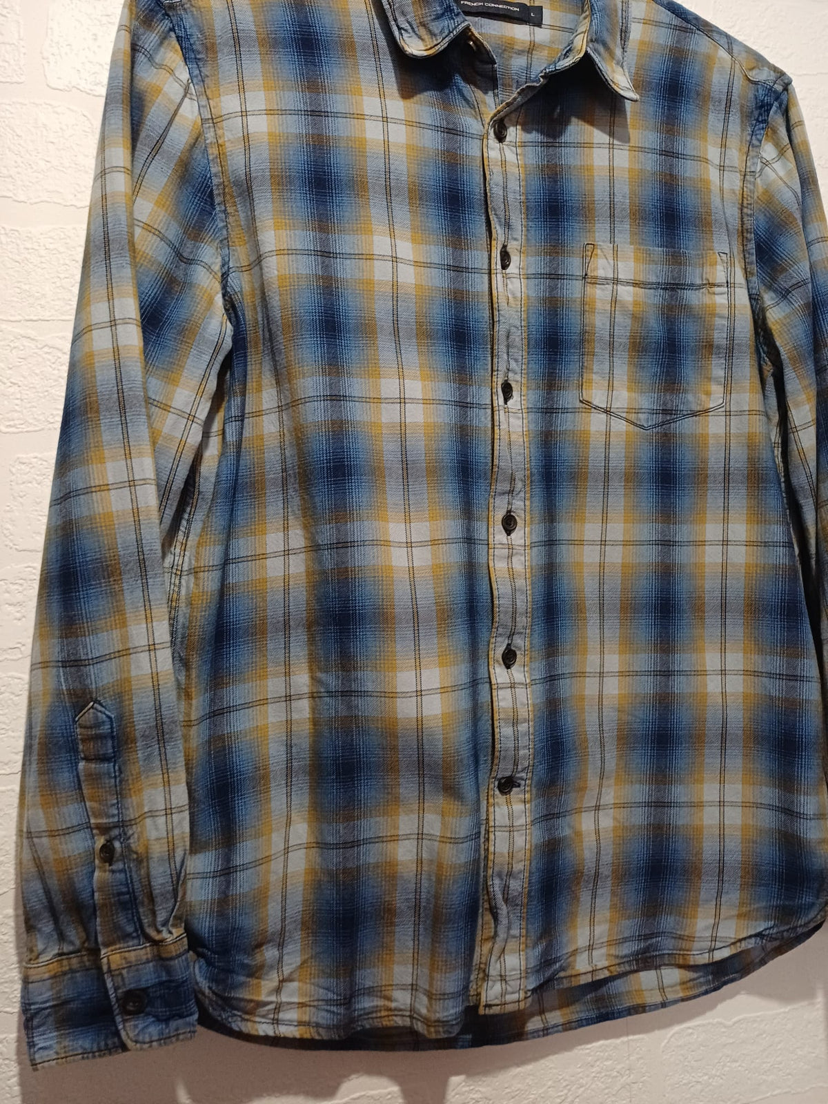 Men's Shirt French Connection Blue/Mustard/Cream Check Long Sleeve Chest Pocket Size L Very Good