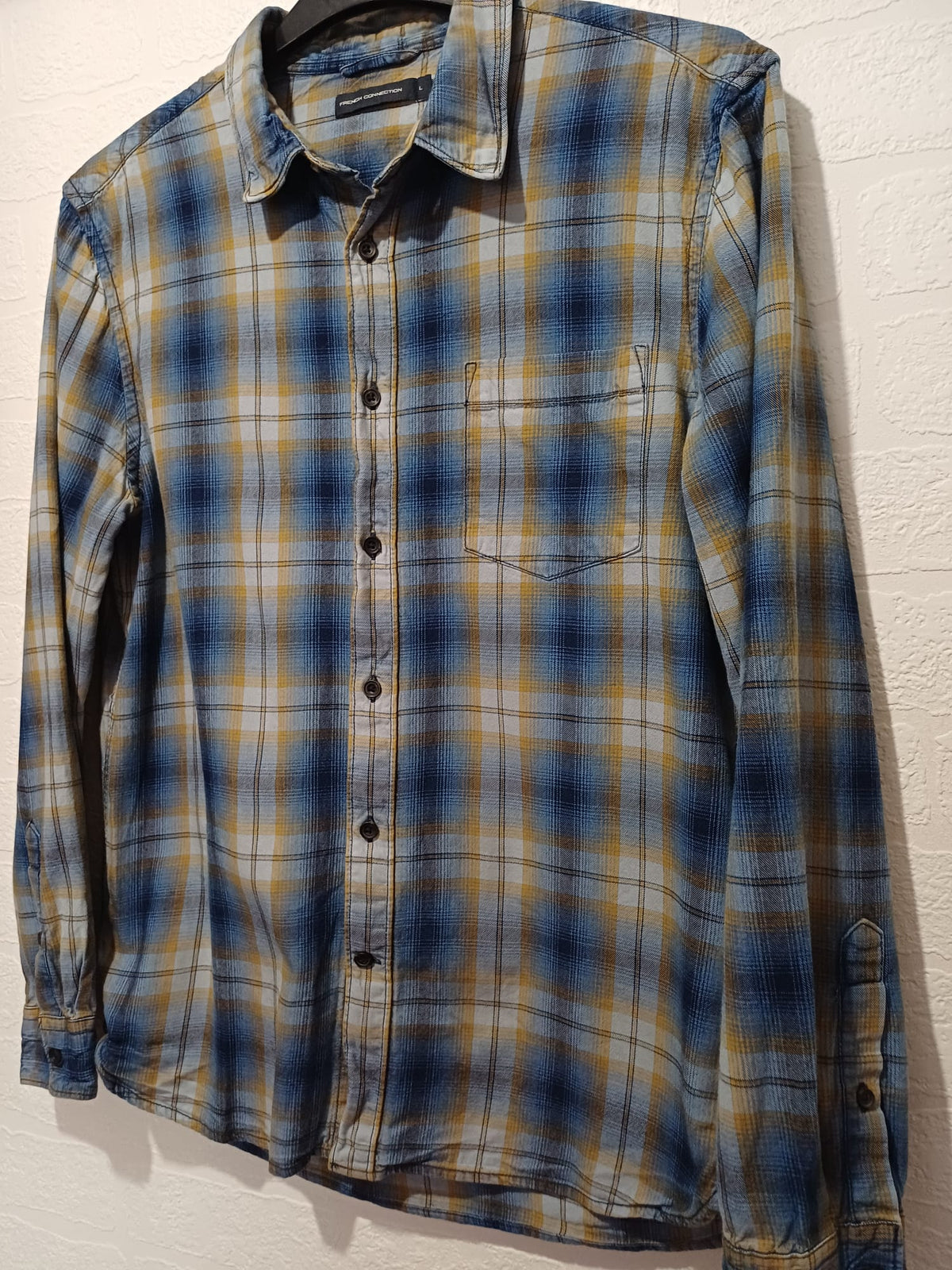 Men's Shirt French Connection Blue/Mustard/Cream Check Long Sleeve Chest Pocket Size L Very Good