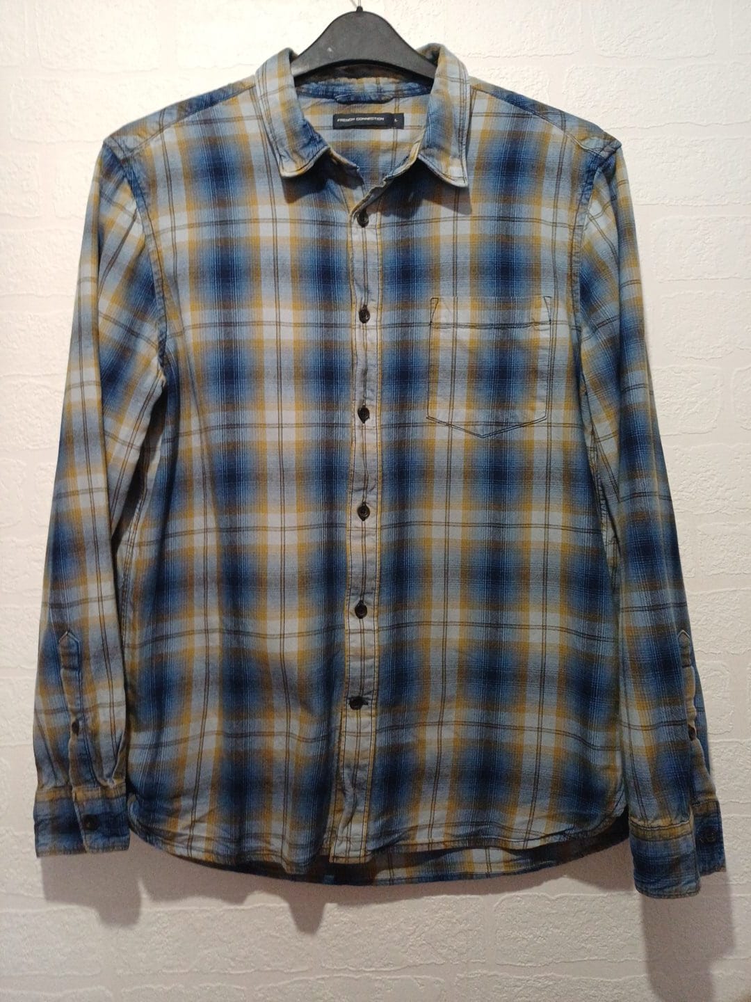 Men's Shirt French Connection Blue/Mustard/Cream Check Long Sleeve Chest Pocket Size L Very Good