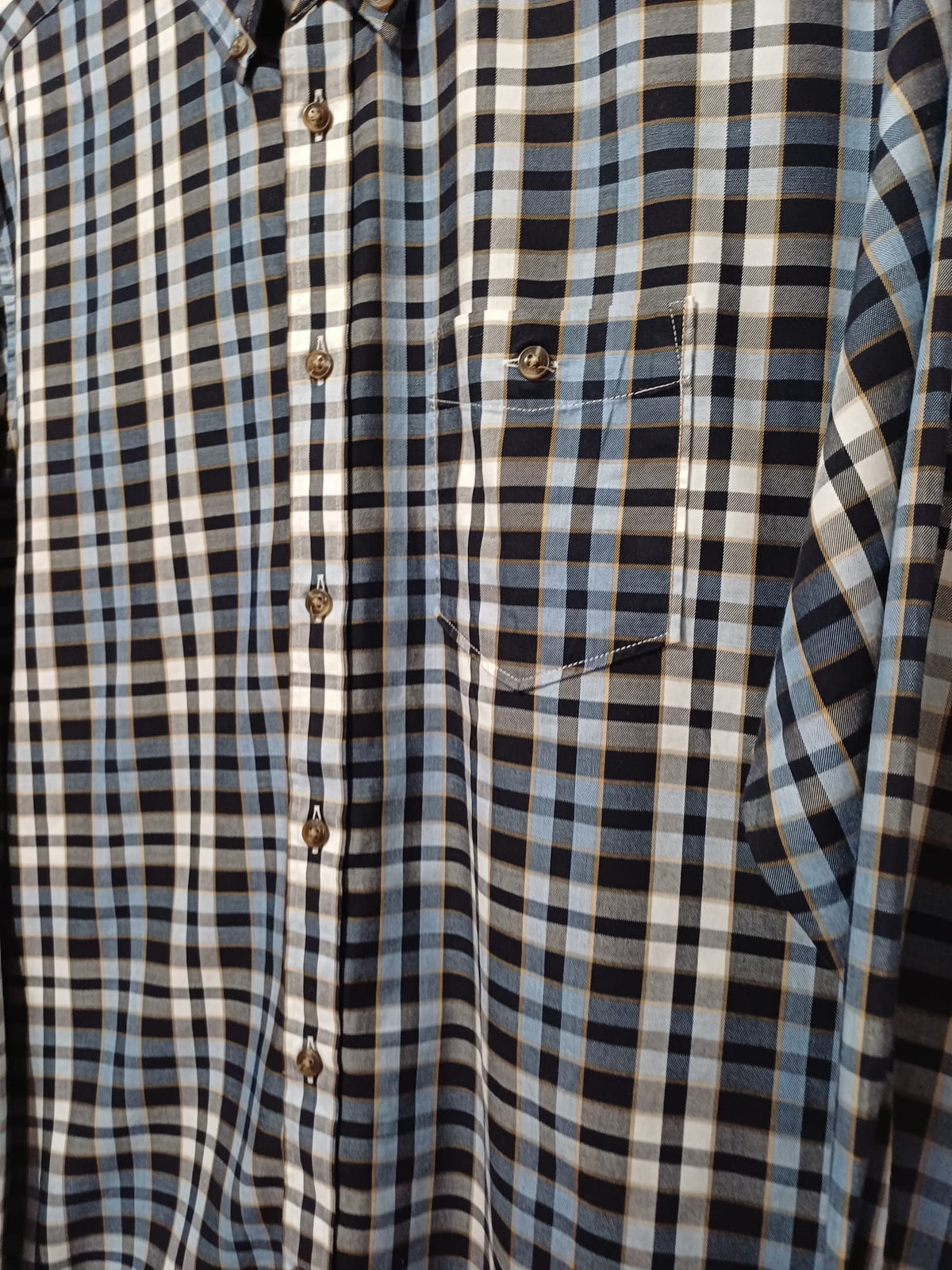 Men's Shirt M&S Blue Harbour Navy/Light Blue/White/Brown Check Long Sleeve Button-Down Collar Chest Pocket Size XL Regular Fit Very Good