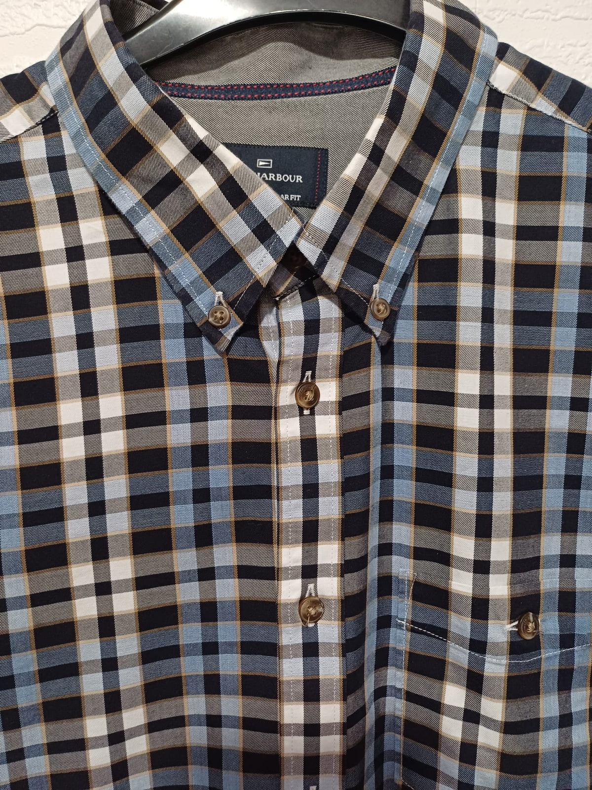 Men's Shirt M&S Blue Harbour Navy/Light Blue/White/Brown Check Long Sleeve Button-Down Collar Chest Pocket Size XL Regular Fit Very Good