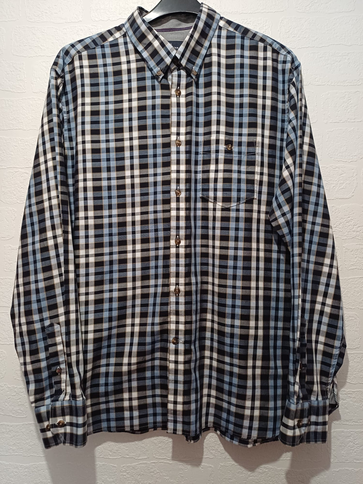 Men's Shirt M&S Blue Harbour Navy/Light Blue/White/Brown Check Long Sleeve Button-Down Collar Chest Pocket Size XL Regular Fit Very Good