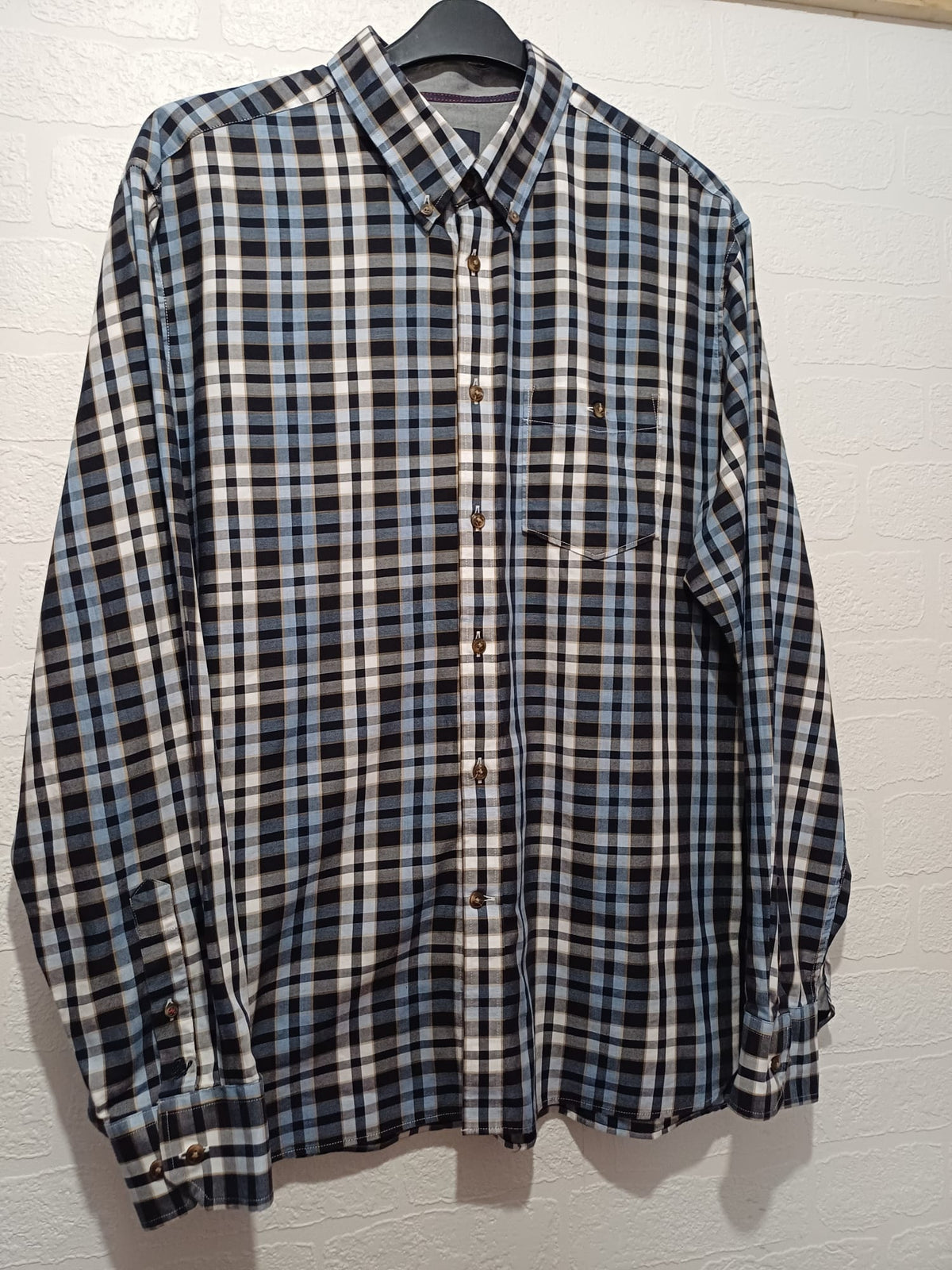 Men's Shirt M&S Blue Harbour Navy/Light Blue/White/Brown Check Long Sleeve Button-Down Collar Chest Pocket Size XL Regular Fit Very Good