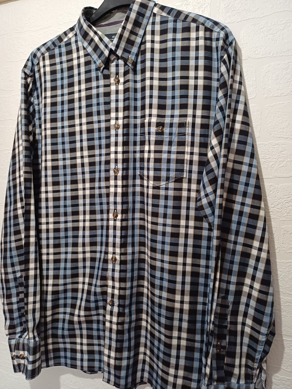 Men's Shirt M&S Blue Harbour Navy/Light Blue/White/Brown Check Long Sleeve Button-Down Collar Chest Pocket Size XL Regular Fit Very Good