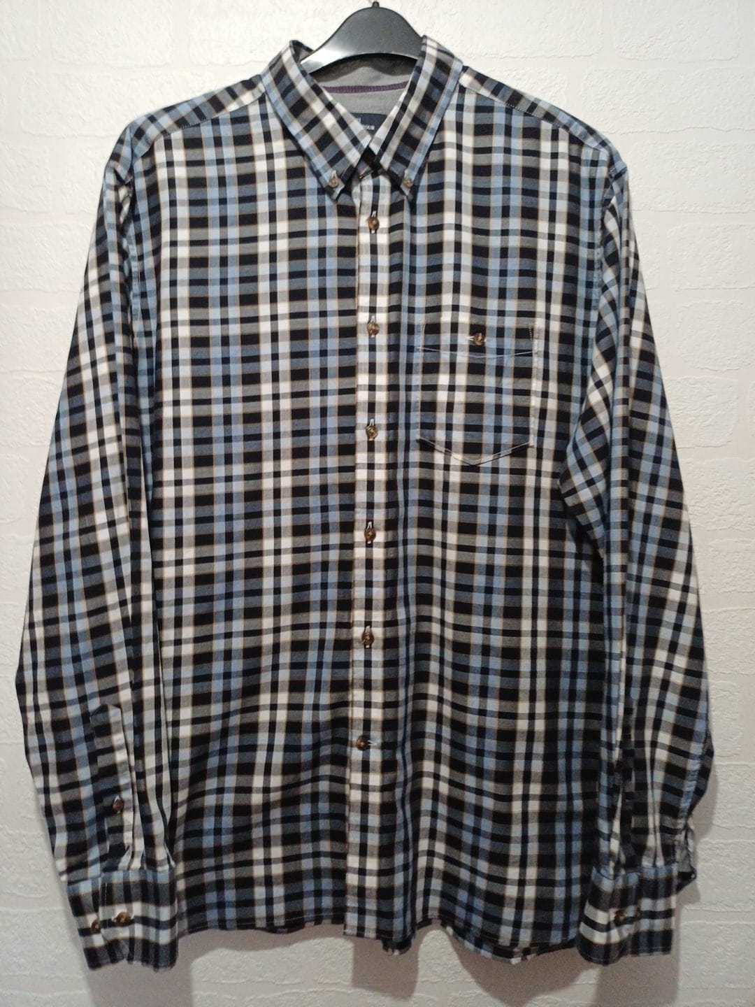 Men's Shirt M&S Blue Harbour Navy/Light Blue/White/Brown Check Long Sleeve Button-Down Collar Chest Pocket Size XL Regular Fit Very Good
