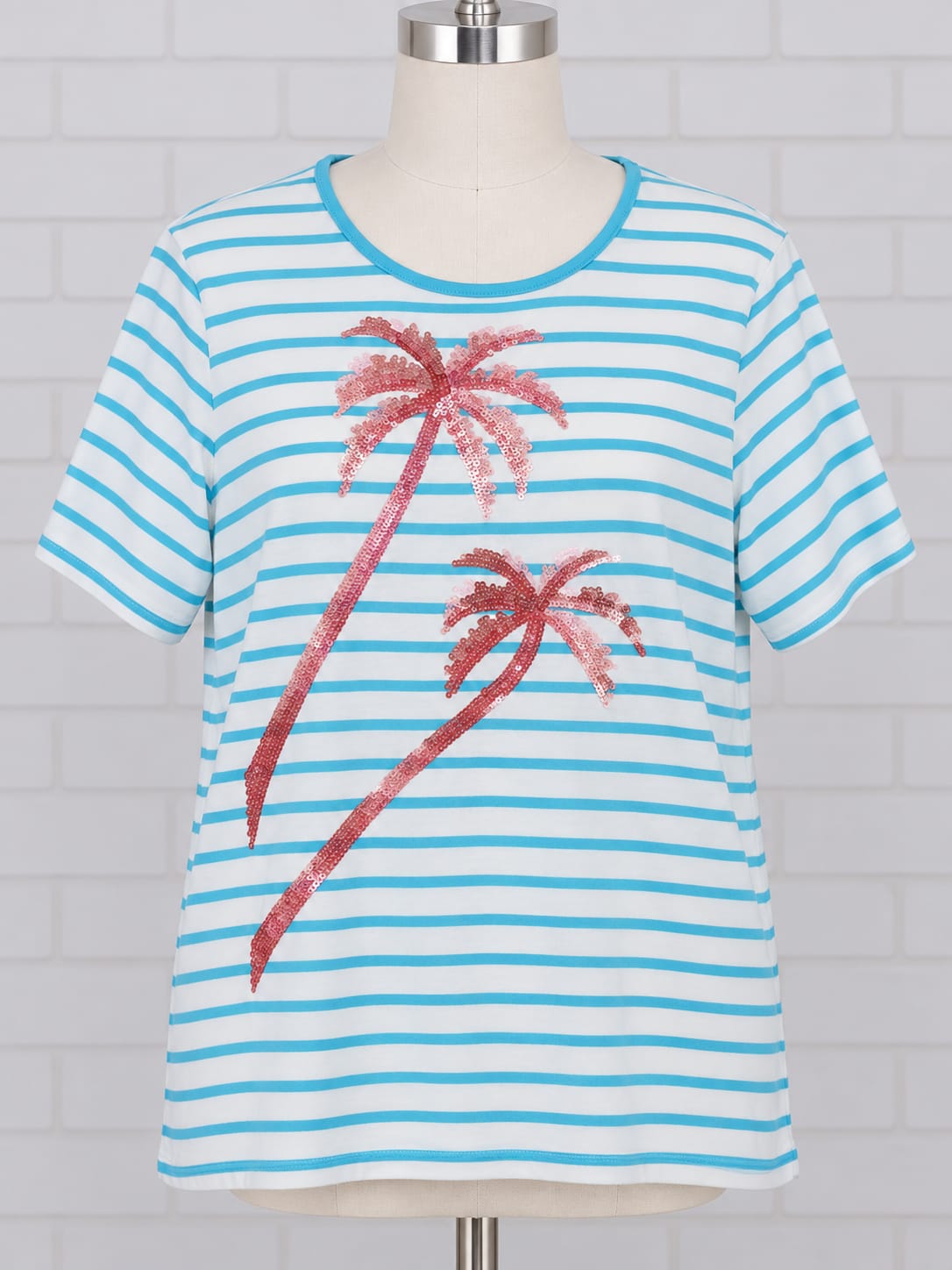 Women's Top Quacker Factory by Jeanne Bice White/Turquoise Blue Striped Pink Sequin Palm Tree Short Sleeve Size L Very Good