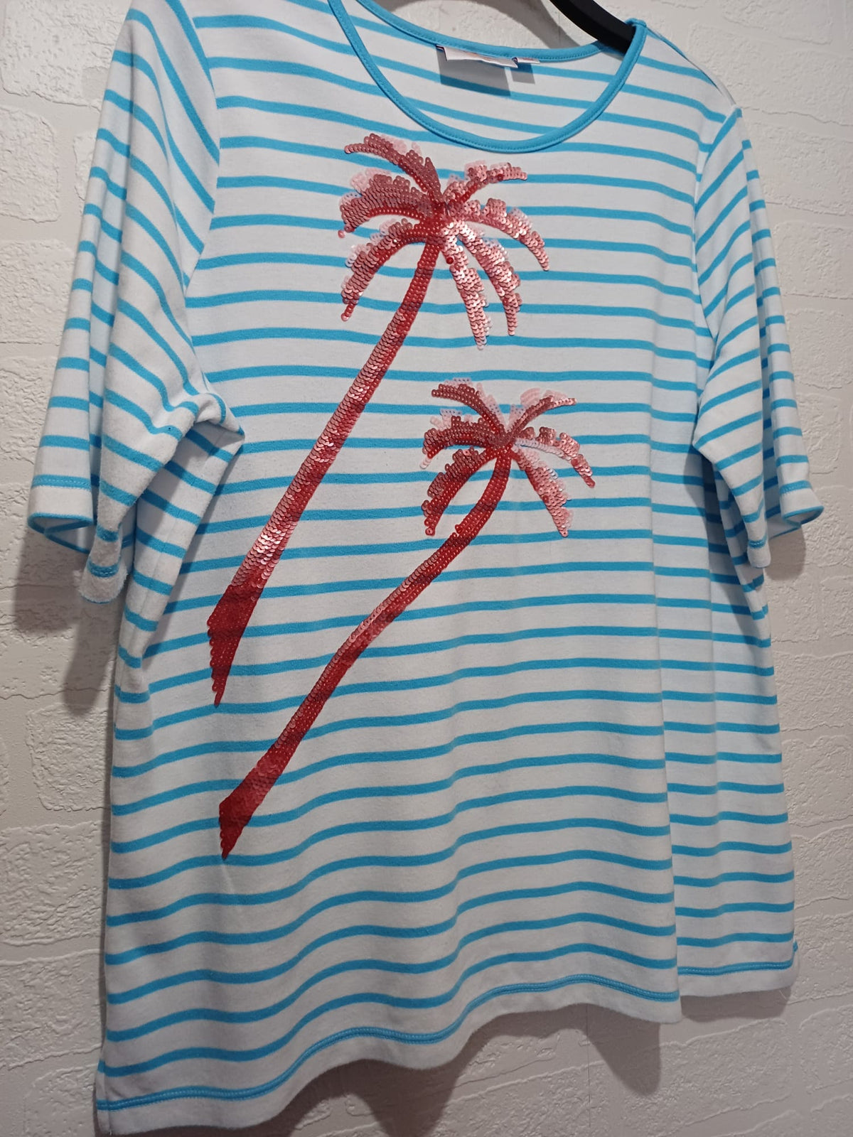 Women's Top Quacker Factory by Jeanne Bice White/Turquoise Blue Striped Pink Sequin Palm Tree Short Sleeve Size L Very Good